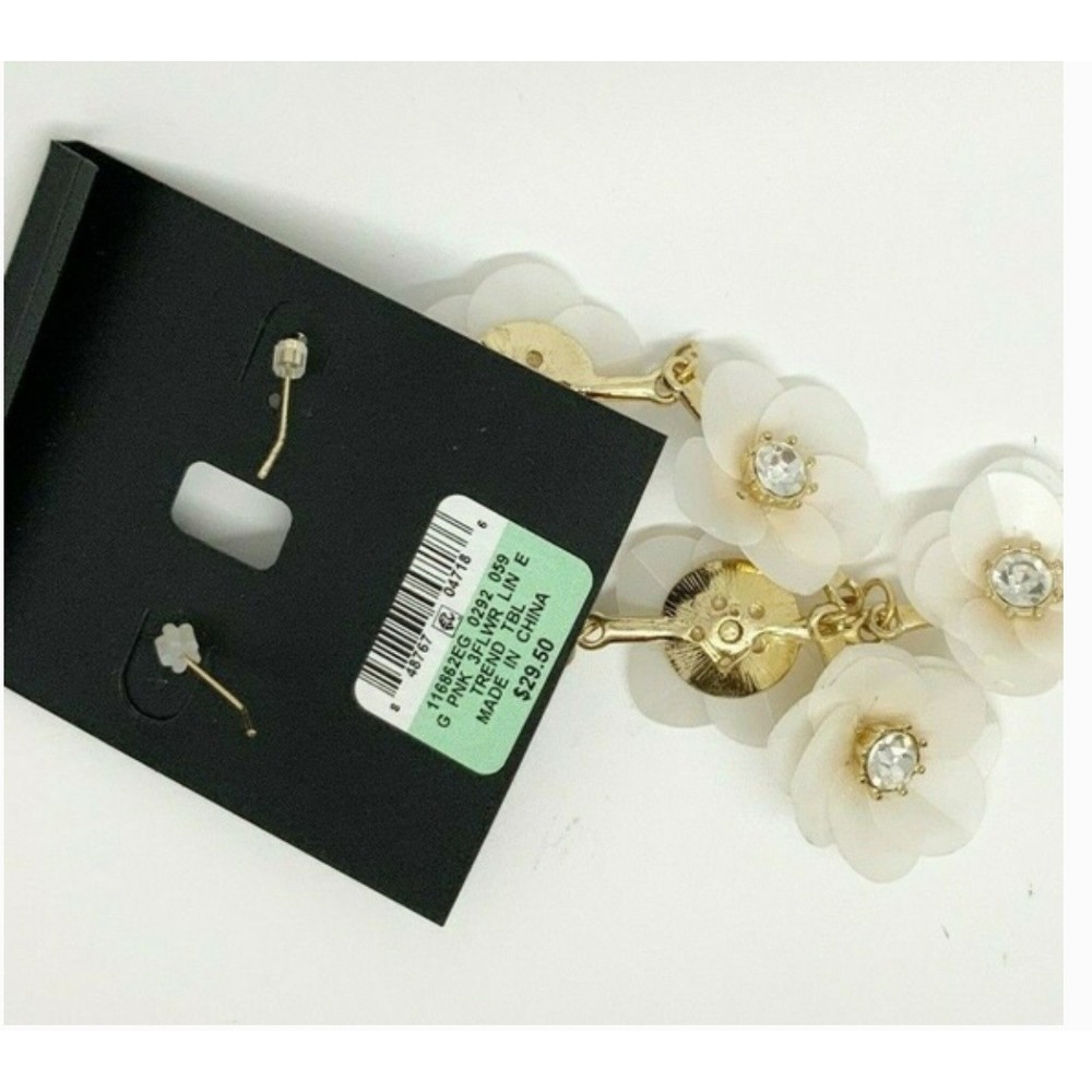 INC Gold, Crystal Ivory 3 Flower Statement Drop Fashion Earring NEW - Picture 2 of 4
